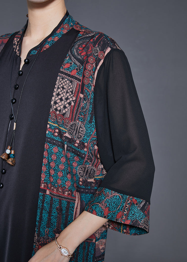 Fashion Black Mandarin Collar Patchwork Print Silk Cardigans Fall