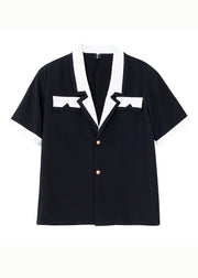 Fashion Black Notched Button Patchwork Cotton Men's Shirts Summer