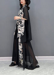 Fashion Black Notched Print Patchwork Chiffon Coats And Skirts Two Pieces Set Fall