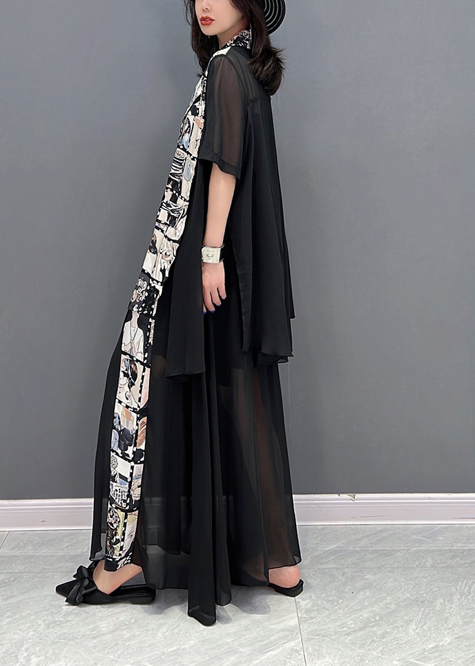 Fashion Black Notched Print Patchwork Chiffon Coats And Skirts Two Pieces Set Fall