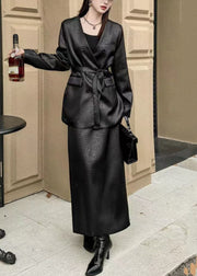 Fashion Black Notched Tie Waist Satin Coats And Maxi Skirts Two Pieces Set Spring