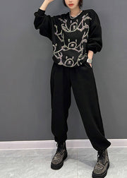 Fashion Black O-Neck Animal Print Pullover And Pants Two Pieces Set Fall