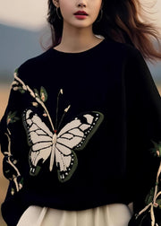 Fashion Black O Neck Butterfly Print Knit Sweaters Spring