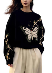 Fashion Black O Neck Butterfly Print Knit Sweaters Spring