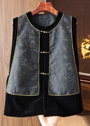 Fashion Black O-Neck Embroideried Silk Patchwork Waistcoat Sleeveless