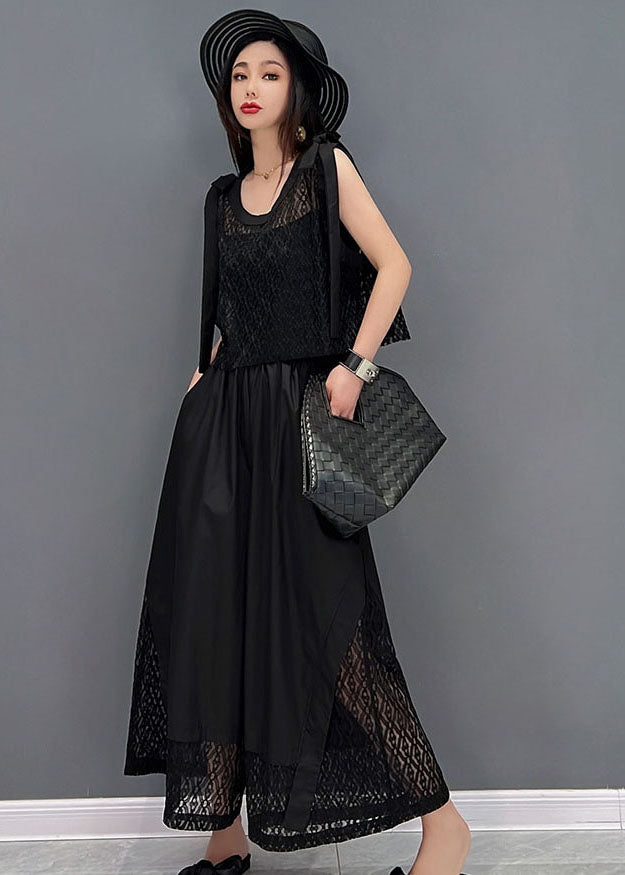 Fashion Black O-Neck Hollow Out Lace Patchwork Cotton Vest Tops And Wide Leg Pants Two Pieces Set Summer