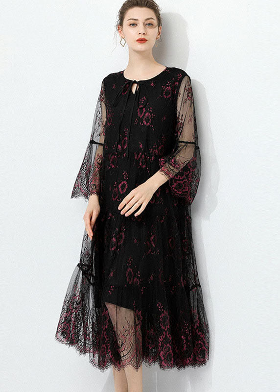 Fashion Black O Neck Hollow Out Lace Patchwork Tulle Dress Summer