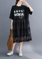 Fashion Black O-Neck Lace Patchwork Cotton Holiday Dress Half Sleeve