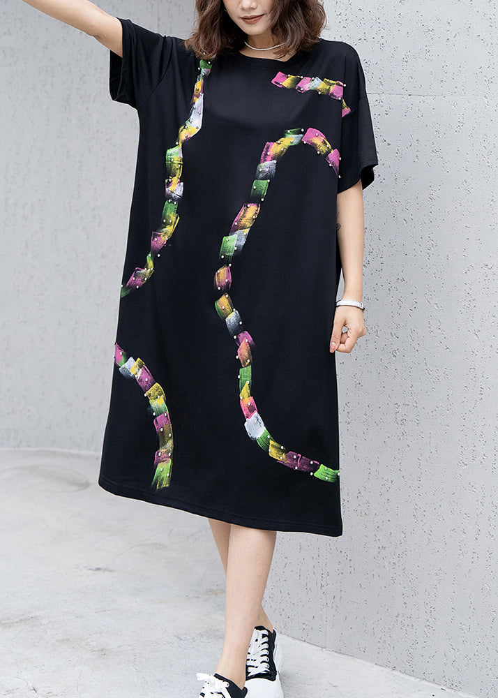 Fashion Black O Neck Print Nail Bead Cotton Dress Summer