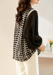 Fashion Black O-Neck Print Patchwork Chiffon Shirt Long Sleeve