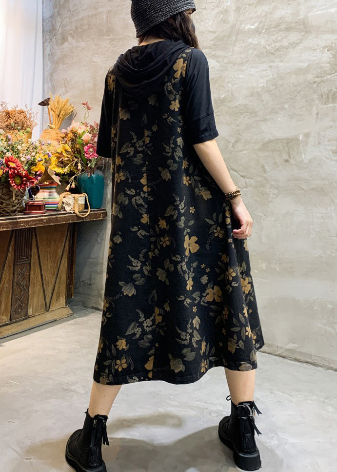 Fashion Black O-Neck Print Pockets Cotton Long Dress Sleeveless