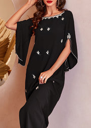 Fashion Black O-Neck Side Open Zircon Chiffon Long Dress Summer