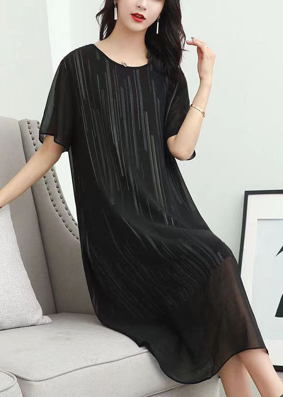 Fashion Black O Neck Striped Patchwork Chiffon Dress Summer