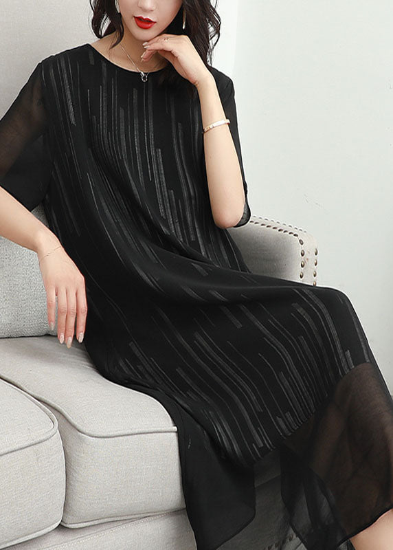 Fashion Black O Neck Striped Patchwork Chiffon Dress Summer