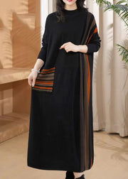 Fashion Black O-Neck Striped Patchwork Thick Cotton Knit Long Dress Winter