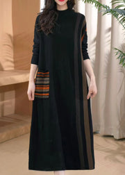 Fashion Black O-Neck Striped Patchwork Thick Cotton Knit Long Dress Winter