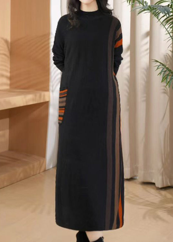 Fashion Black O-Neck Striped Patchwork Thick Cotton Knit Long Dress Winter