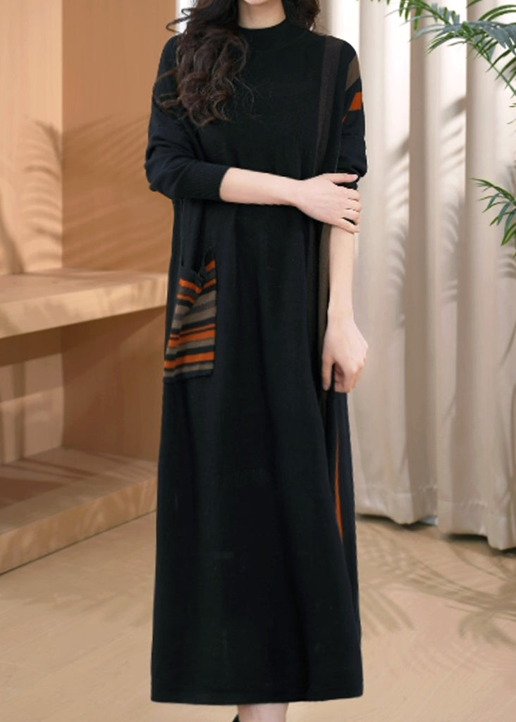 Fashion Black O-Neck Striped Patchwork Thick Cotton Knit Long Dress Winter