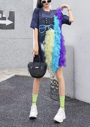 Fashion Black O-Neck Tulle Patchwork T Shirt Summer