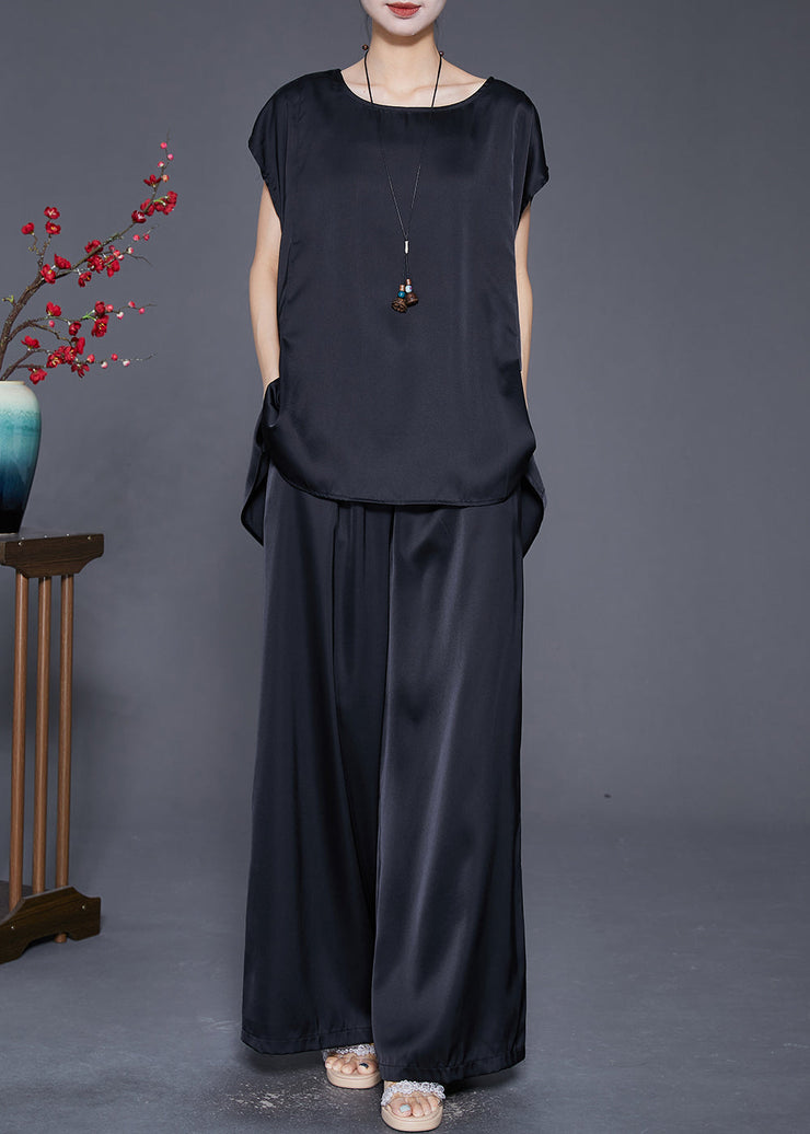 Fashion Black Oversized Draping Ice Silk Two Pieces Set Sleeveless