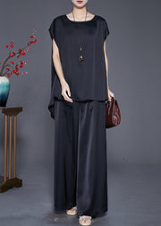 Fashion Black Oversized Draping Ice Silk Two Pieces Set Sleeveless