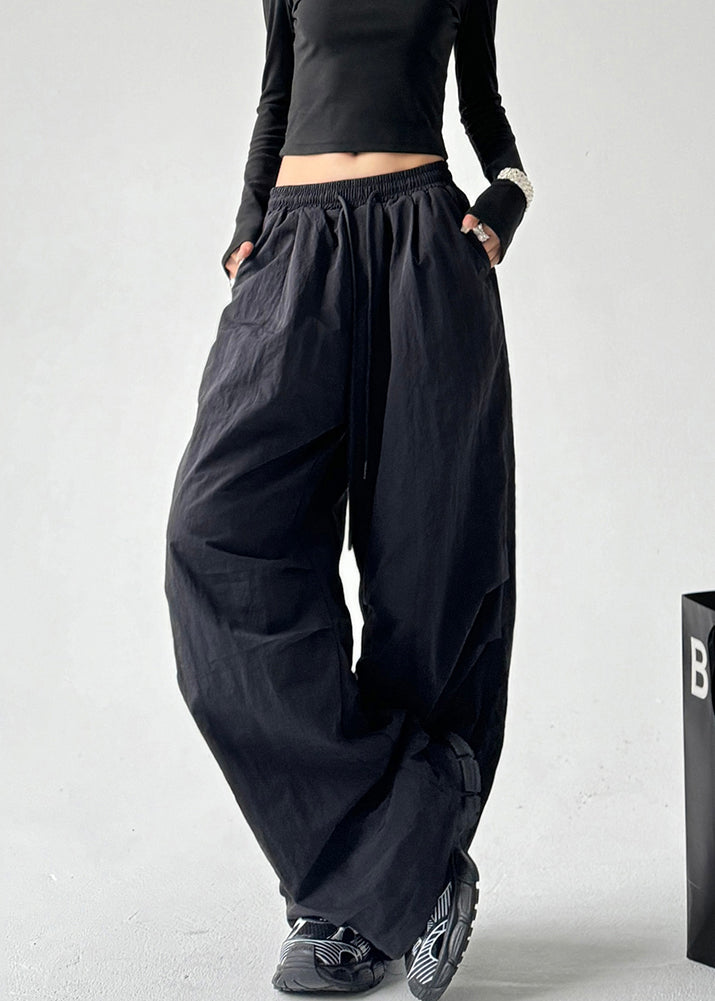 Fashion Black Oversized Elastic Waist Cotton Pants Spring