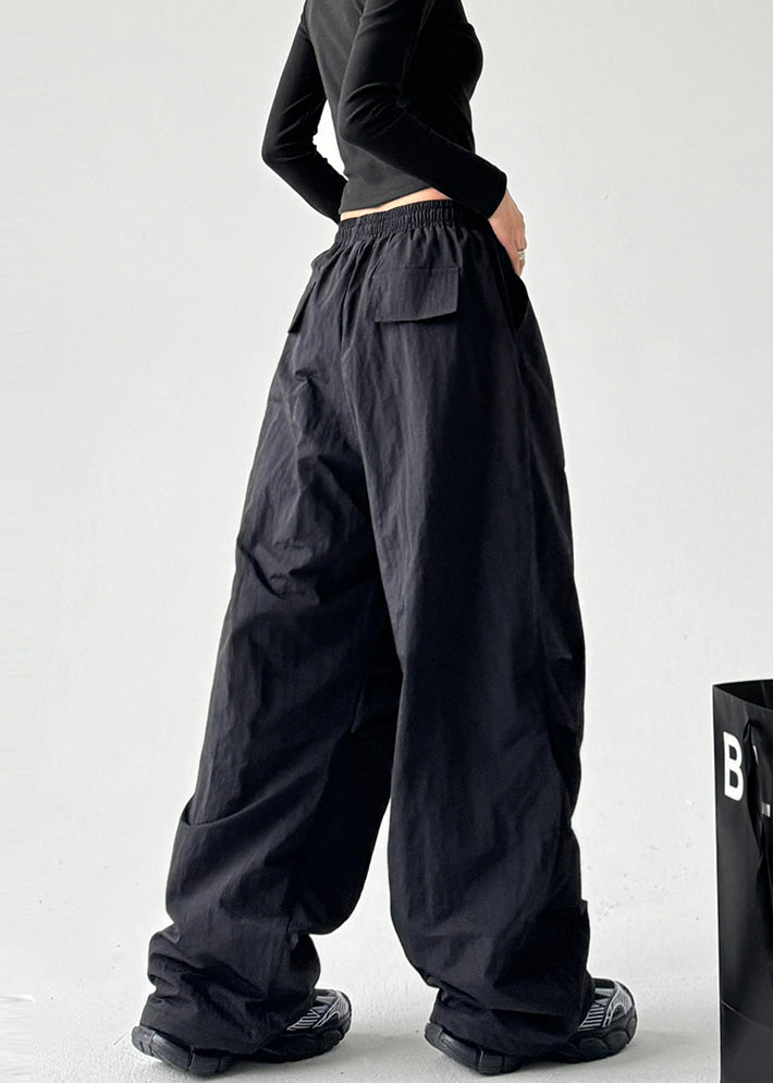 Fashion Black Oversized Elastic Waist Cotton Pants Spring