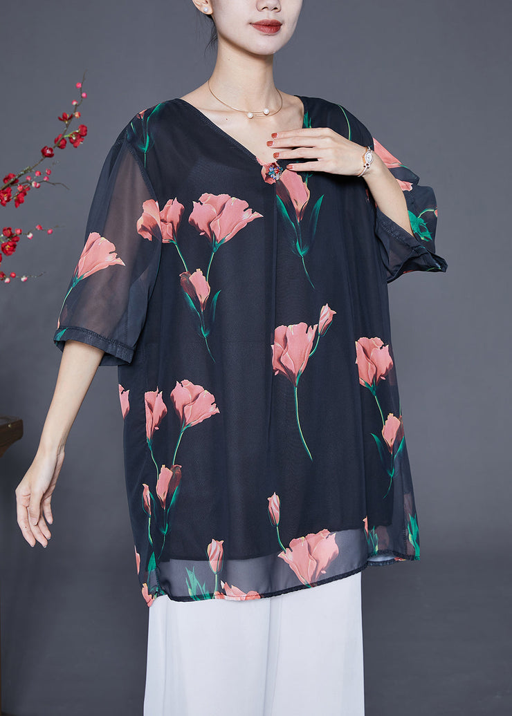 Fashion Black Oversized Floral Chiffon Shirt Top Summer