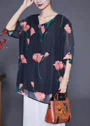 Fashion Black Oversized Floral Chiffon Shirt Top Summer