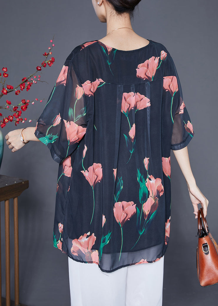 Fashion Black Oversized Floral Chiffon Shirt Top Summer