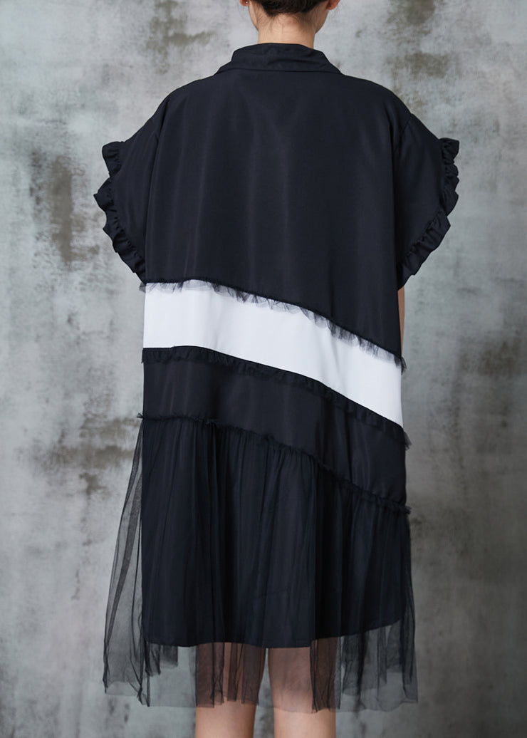 Fashion Black Oversized Patchwork Cotton Dress Petal Sleeve