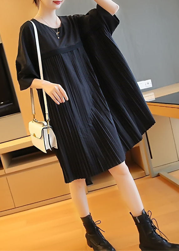 Fashion Black Oversized Patchwork Pleated Mid Dress Half Sleeve