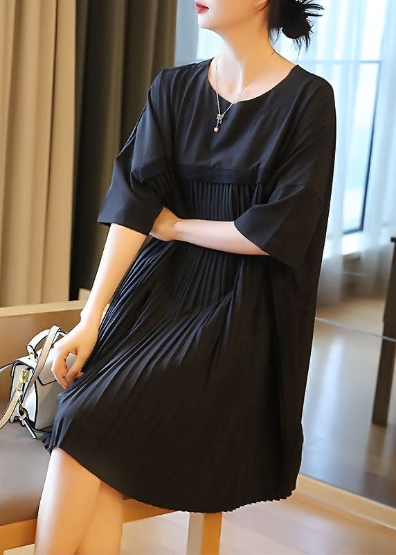 Fashion Black Oversized Patchwork Pleated Mid Dress Half Sleeve