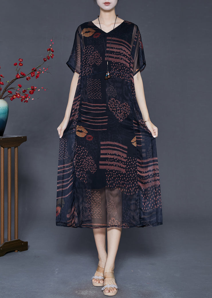 Fashion Black Oversized Print Chiffon Long Dress Summer