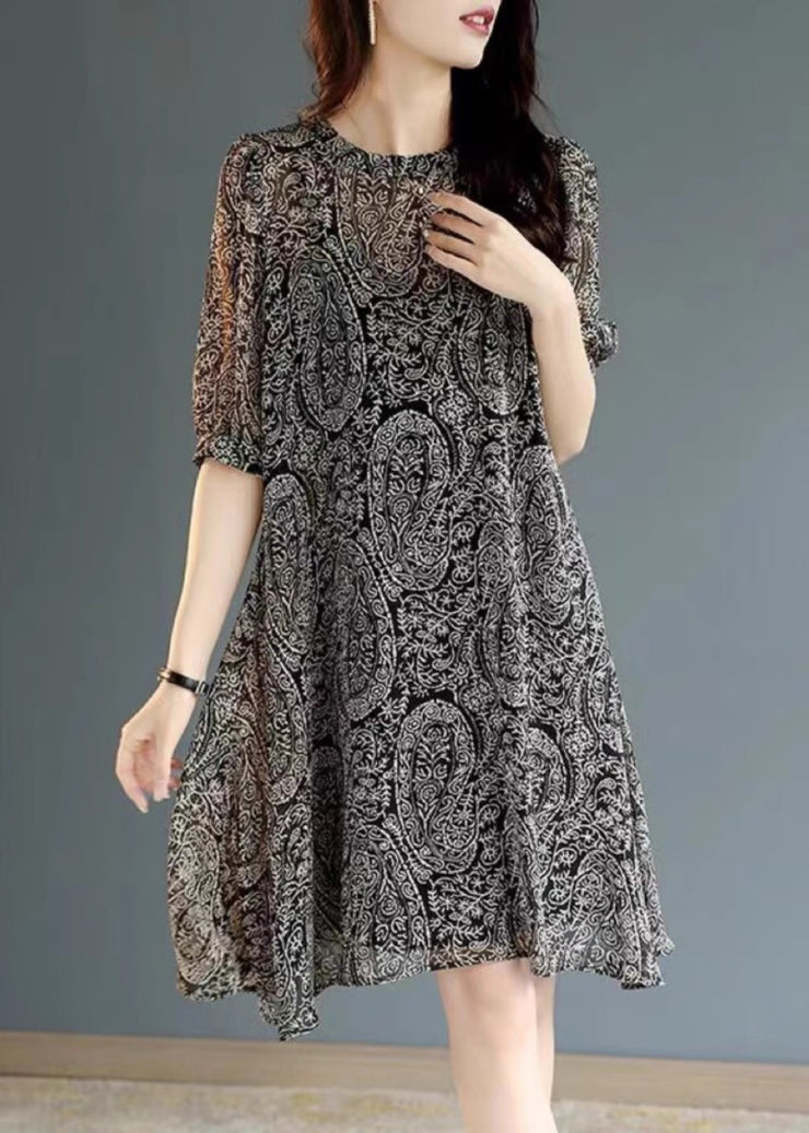 Fashion Black Oversized Print Chiffon Tea Dress Summer