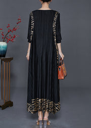 Fashion Black Oversized Print Wrinkled Silk Holiday Dresses Spring