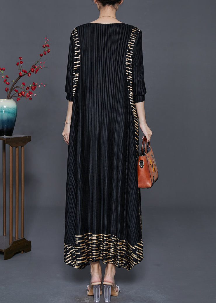 Fashion Black Oversized Print Wrinkled Silk Holiday Dresses Spring
