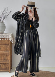 Fashion Black Oversized Striped Linen Silk Two Pieces Set Fall