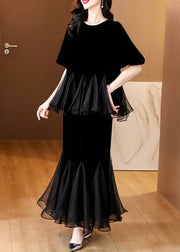 Fashion Black Pearl Tulle Patchwork Silk Velvet Two Pieces Set Summer