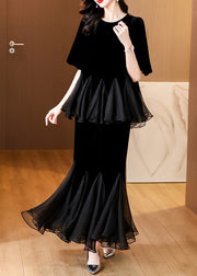 Fashion Black Pearl Tulle Patchwork Silk Velvet Two Pieces Set Summer