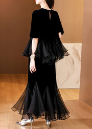 Fashion Black Pearl Tulle Patchwork Silk Velvet Two Pieces Set Summer