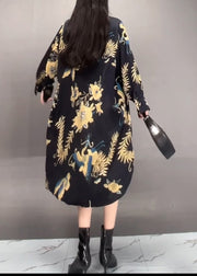 Fashion Black Peter Pan Collar Asymmetrical Print Long Dress Spring