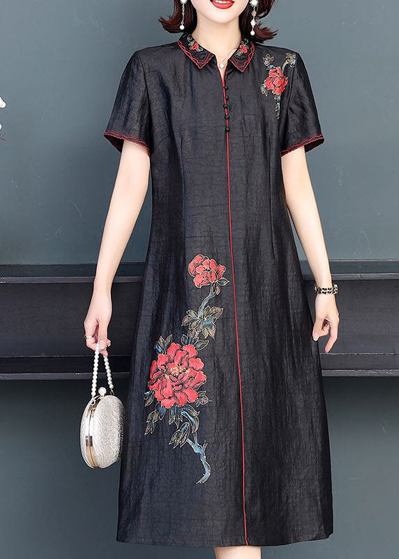 Fashion Black Peter Pan Collar Embroideried Silk Dress Summer