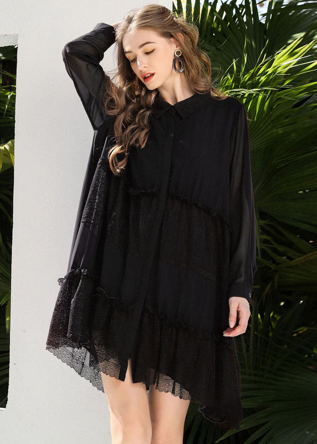 Fashion Black Peter Pan Collar Lace Patchwork Chiffon Holiday Dress Spring