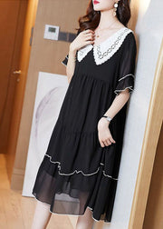 Fashion Black Peter Pan Collar Patchwork Chiffon Maxi Dresses Summer