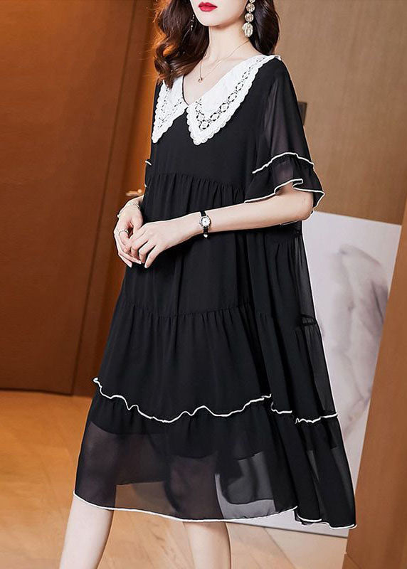 Fashion Black Peter Pan Collar Patchwork Chiffon Maxi Dresses Summer