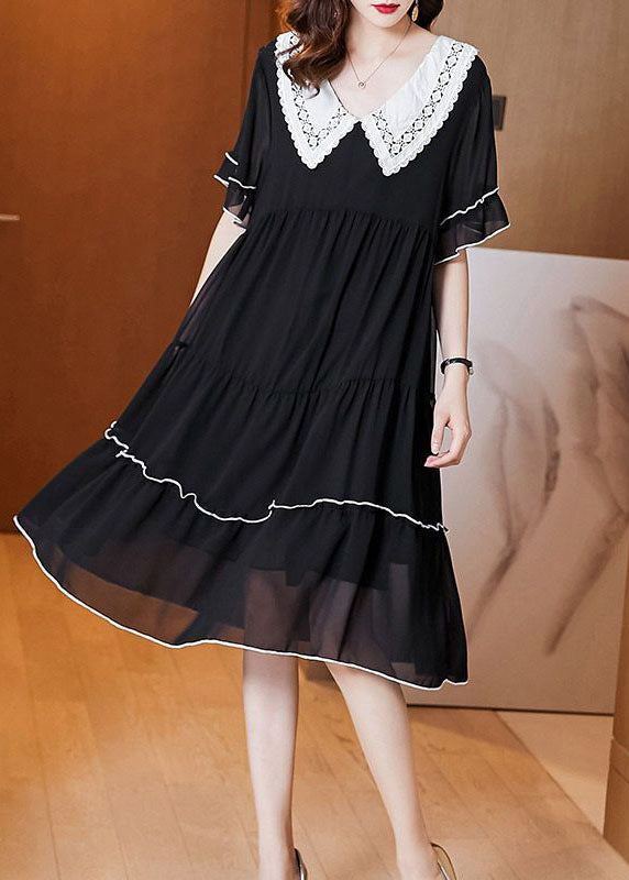 Fashion Black Peter Pan Collar Patchwork Chiffon Maxi Dresses Summer