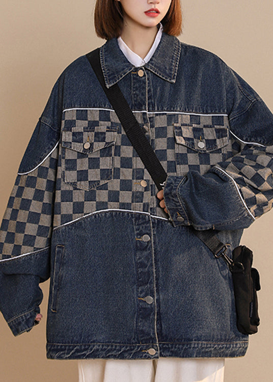 Fashion Black Peter Pan Collar Plaid Patchwork Button Cotton Denim Coat Fall