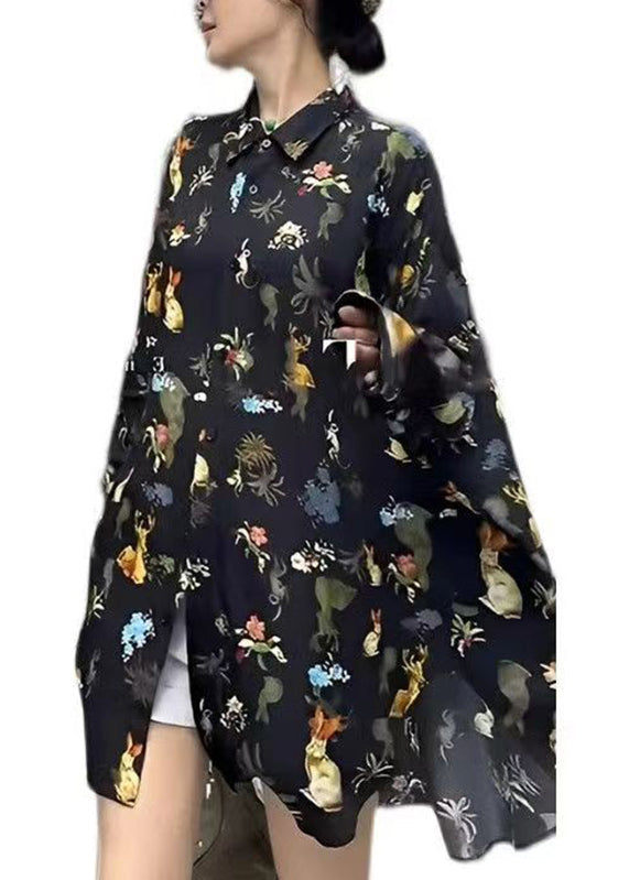 Fashion Black Peter Pan Collar Print Button Chiffon Shirt Long Sleeve