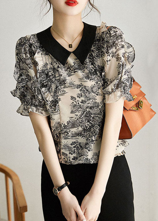 Fashion Black Peter Pan Collar Print Patchwork Chiffon Shirt Summer